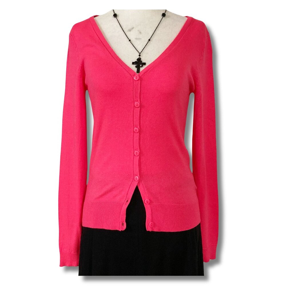 H&M Neon pink long sleeve v-neck cardigan ~ XS SMALL Barbie hot pink sweater